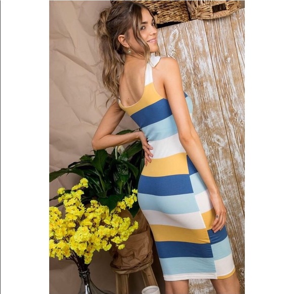 Blue Tie Shoulder Multi Color Stripe Dress - Picture 3 of 7